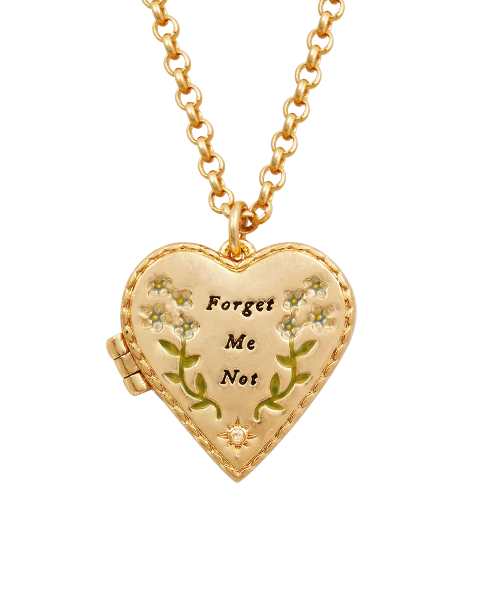 Gold Forget Me Not Heart Locket Necklace