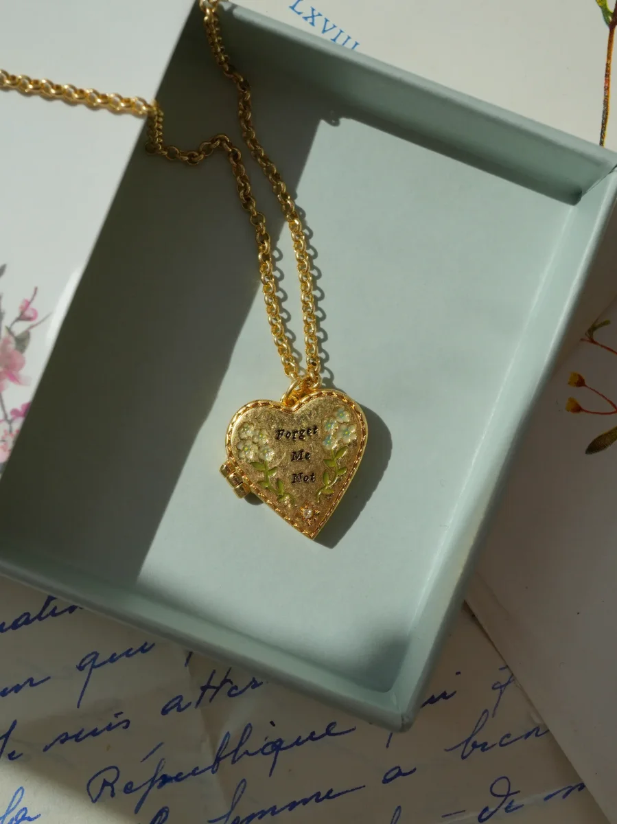 Gold Forget Me Not Heart Locket Necklace - Image 4